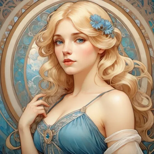 Prompt: A beautiful young white woman with blonde hair and blue eyes wearing a dress.