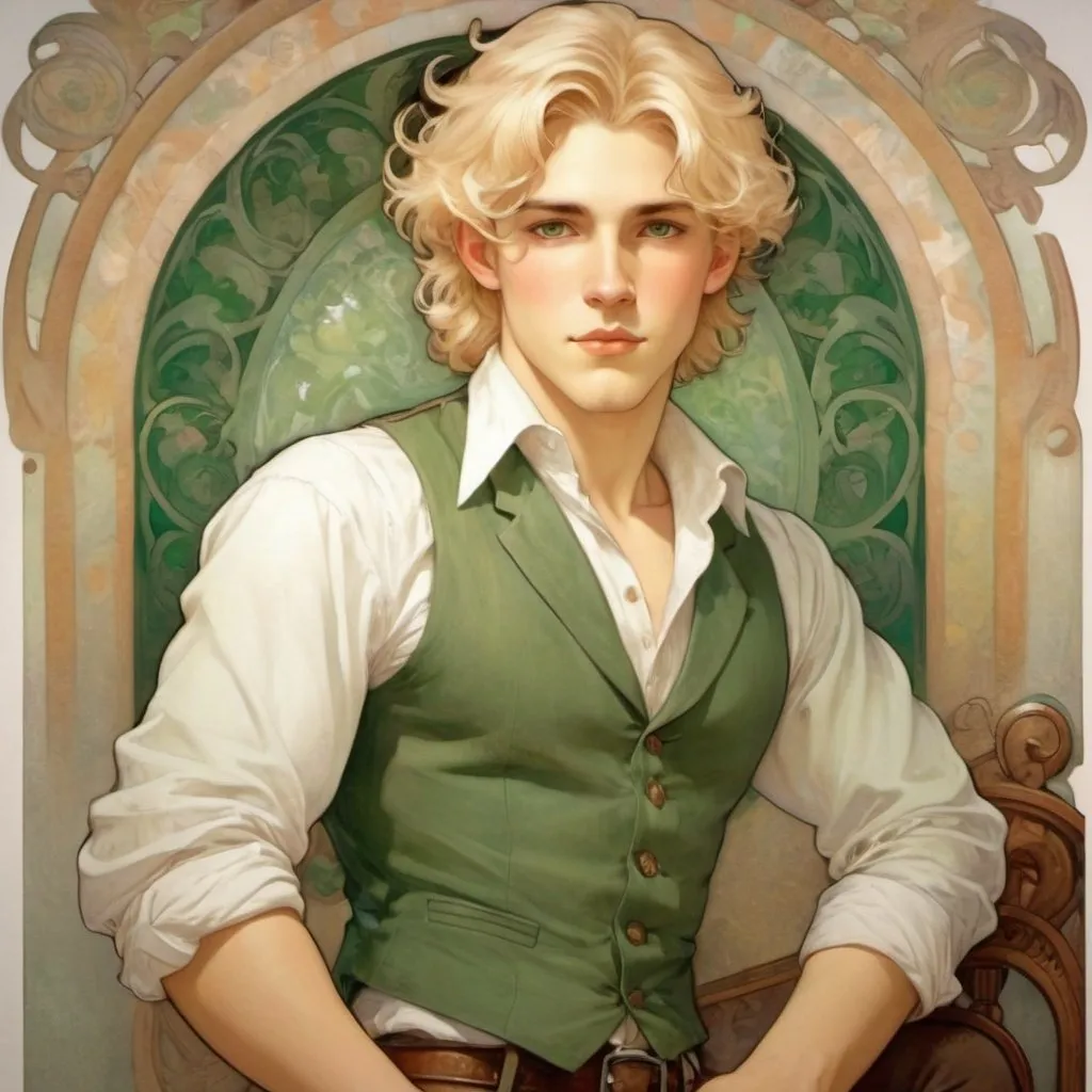 Prompt: A handsome young white man with light blonde hair and green eyes wearing a dress shirt, vest, and breeches.