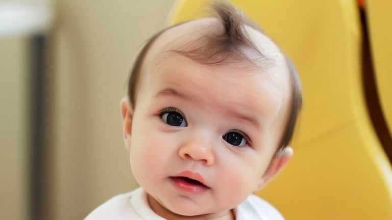 Prompt: create an image of a 3 years old baby. you have to focus on baby's scalp and the scalp is flaky like dandruff and cradle cap. The surroundings are blur.