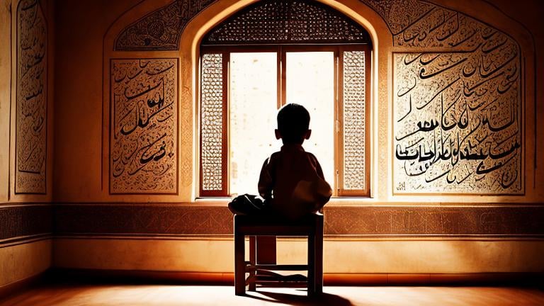 Prompt: create an image of a boy sittng on a chair in room. The room environment is darka nd arbic. The walls are lightened by beautiful arabic calligraphy. the boy is the like the owner of the house and seeing confident