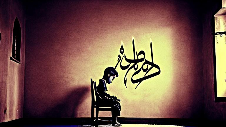 Prompt: create an image of a boy sittng on a chair in room. The room environment is darka nd arbic. The walls are lightened by beautiful arabic calligraphy. the boy is the like the owner of the house and seeing confident