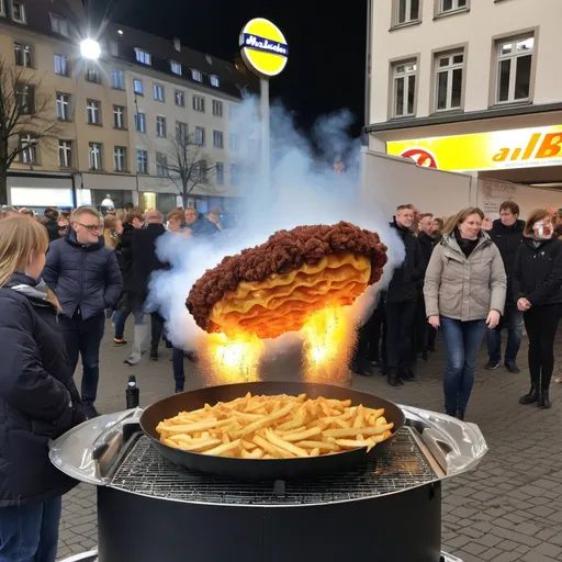 Prompt: Air getting fried in Mannheim, Germany, looking very festive and like a present