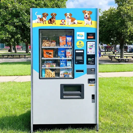 Prompt: An automatic vending machine for dog products located in an urban dog park. The machine has a dog-friendly design with bright and inviting colors. It features several shelves and transparent compartments displaying a variety of products such as dog treats, food packages, accessories (like collars and leashes), and toys. The machine is adorned with illustrations of dogs playing and receiving treats. It includes a touch screen with a simple interface for selecting products and making payments, supporting credit card and mobile payment apps. Surrounding the machine are green grass, benches, and trees, highlighting its location in a city dog park.