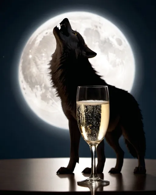 Prompt: Shadows of a champagne glass and a wolf in front of full moon