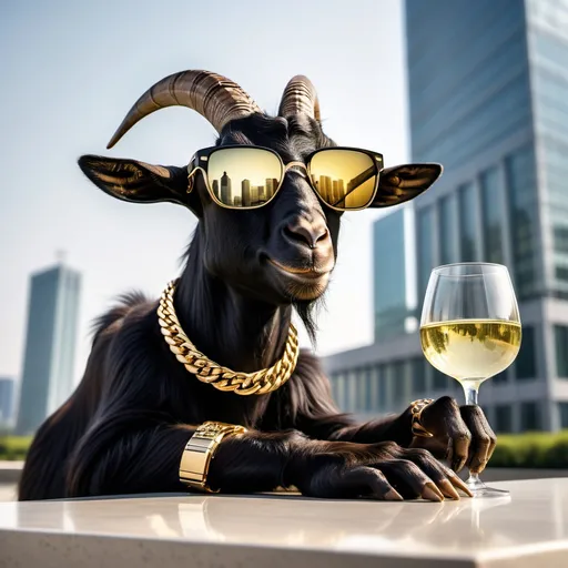 Prompt: A black goat with a blood gold chain wearing black sunglasses with reflection of the China Central Television Headquarters is tasting a white wine from a glass in its own hand with a Rolex watch on its wrist