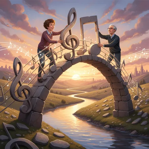 Prompt: Joy Fleming and Douglas Hofstadter are building a bridge like a song made of stones like musical notes. 