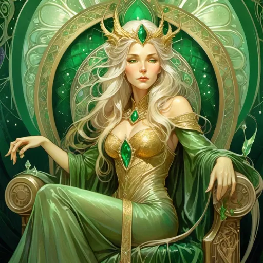 Prompt: Beautiful golden royal sorceress in gold robes with emerald green accents, pearlescent skin, long silvery blonde hair, sitting on a throne made from a green dragon, fantasy style, highres, magical, detailed, regal, elegant, emerald green, pearlescent, fantasy, detailed hair, ornate throne, ethereal lighting