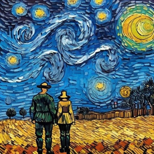 Prompt: create a van gogh style print. a moonlight and two people stand in front of it
