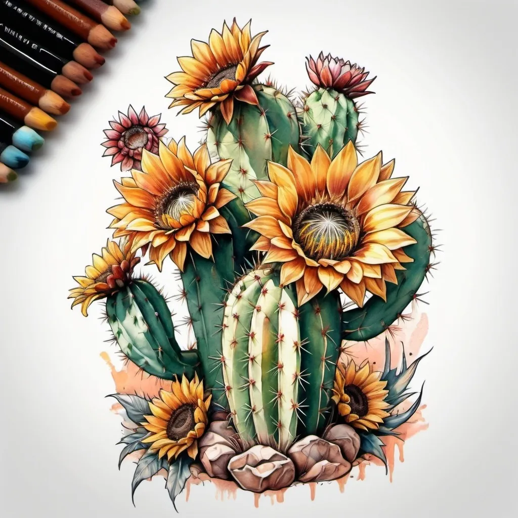 Prompt: a tattoo sketch of a flowering cactus, but in place of the cactus flowers put sunflowers to make a colorful watercolor image

