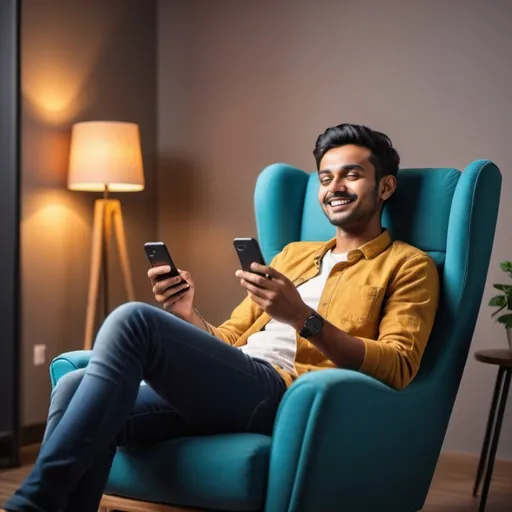 Prompt: Cheerful young Indian man relaxing in armchair, using modern phone, chatting with girlfriend, checking social media, panoramic view with copy space, high quality, modern, cheerful, mobile app, detailed features, comfortable setting, warm lighting