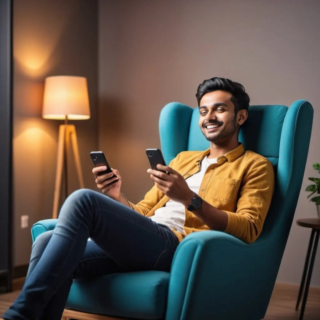 Prompt: Cheerful young Indian man relaxing in armchair, using modern phone, chatting with girlfriend, checking social media, panoramic view with copy space, high quality, modern, cheerful, mobile app, detailed features, comfortable setting, warm lighting