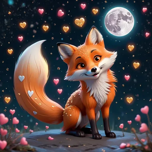 Prompt: Single cute fox, full moon, shiny hearts falling through the night sky, lots of stars and bright shiny glitter, 