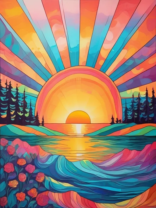 Prompt: Sunrise on water, vibrant hippie colors,  gradients