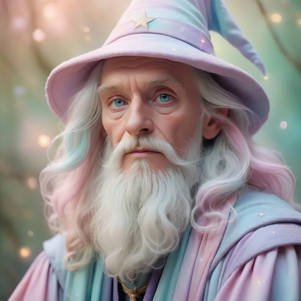 Prompt: Dreamy pastel portrait, wizard, ethereal atmosphere, soft focus