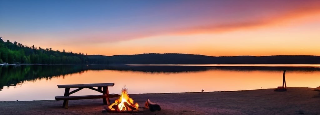 Prompt: sunny lake campground with beautiful sunset with campfires