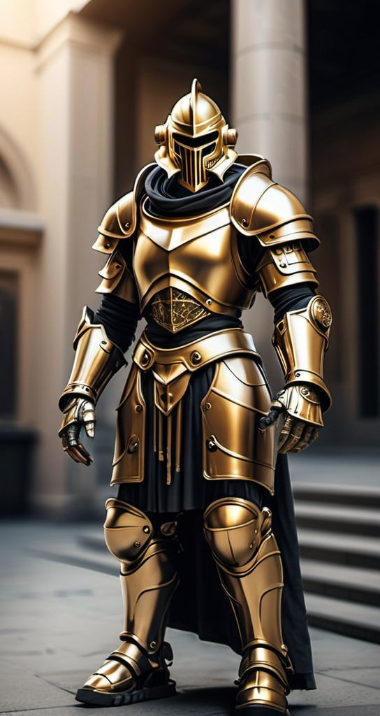 Prompt: Sci-fi Knight with face mask with gold hood in roman power armor 