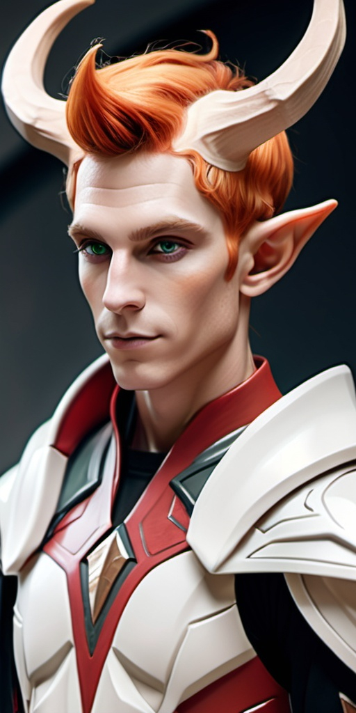Prompt: Sci-fi Male elf with horns, red hair with blonde highlights, fit build
