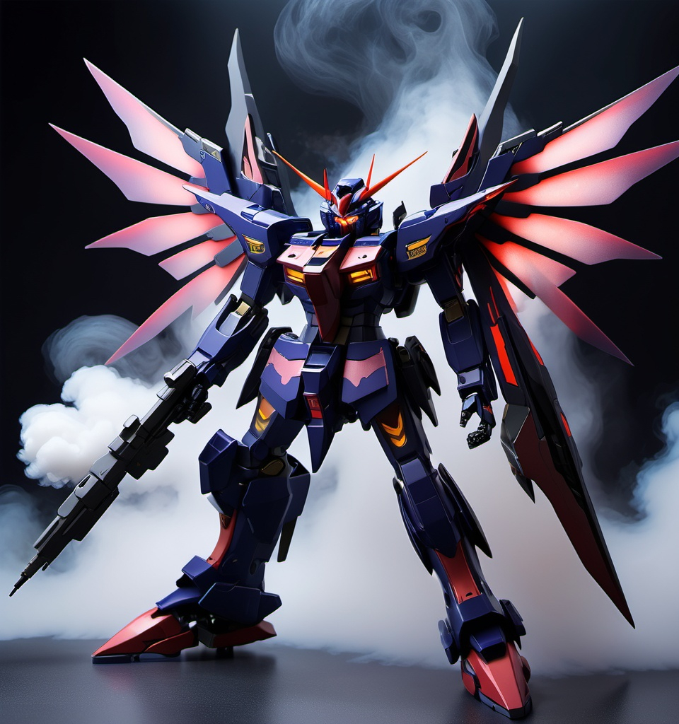 Prompt: Sci-fi Demon gundam mecha with wings of shadowy mist mixed with evagallion mecha