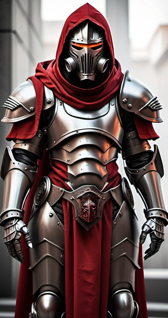 Prompt: Sci-fi Knight with face mask with crimson hood in roman power armor 