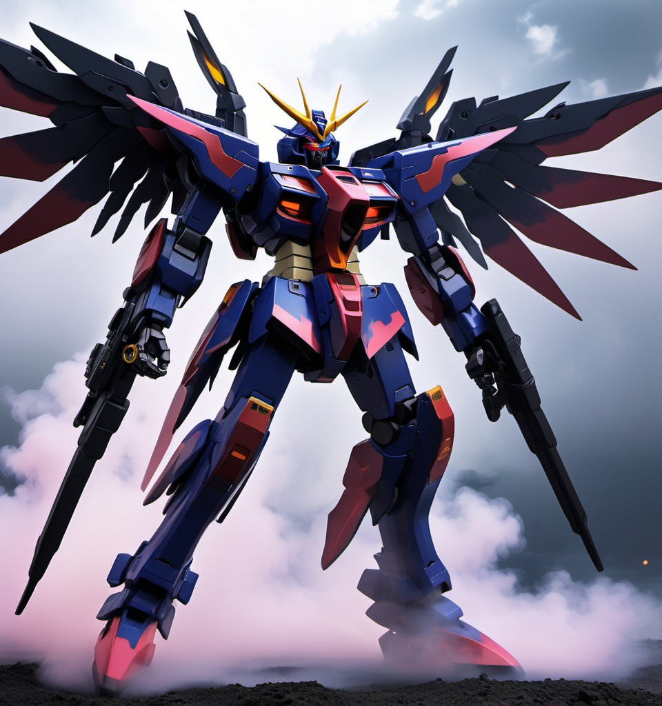 Prompt: Sci-fi Demon gundam mecha with wings of shadowy mist mixed with evagallion mecha
