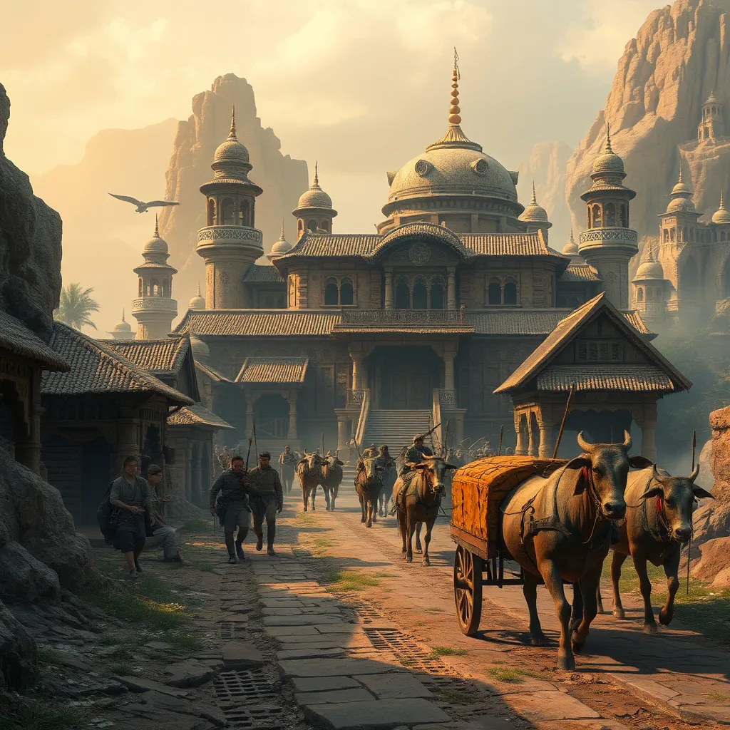 Prompt: A powerful place from the future that looks rich but ancient. People are very powerful but there is no AI technology or no modern weapons. Weaponry of that powerful place are ancient. Some of the weapons include swords, spears, maces, and bow and arrows. There are no cars or modern transportation, but people use bullock carts for transportation. The place looks so ancient but still hold various mysteries.