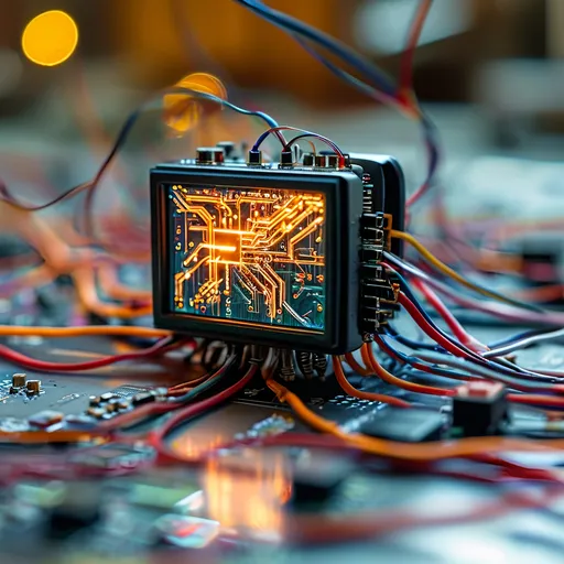 Prompt: A close-up top-down shot of a small screen lying on a surface connected to an Arduino with a few entangled cables resembling networks of life, giving a impression of a living cyborg being  with a lot of free space around it to expand

under soft ambient lighting, shot with a Canon EOS-1D X Mark III, macro lens, vibrant colors