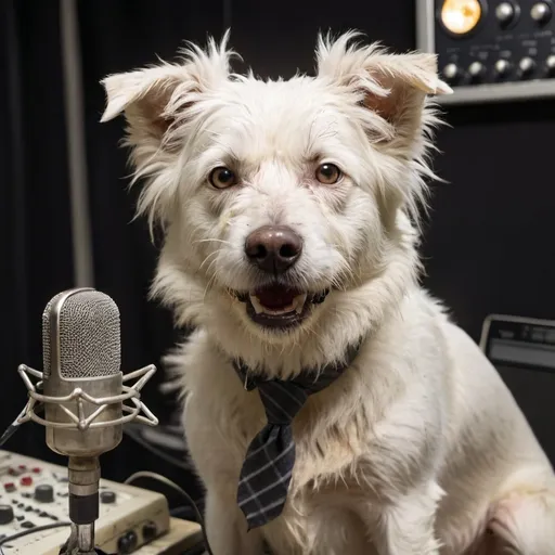 Prompt: a scruffy dirty white dog as a radio announcer