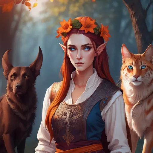 Prompt: High elf, pointed ears, orange skin. blue bright eyes, Burgundy to orange gradient hair , sleeveless shirt with popped out collar, brown medieval pants, woman, with animals surrounding her. Medieval, fantasy, warlock, wearing a flower crown