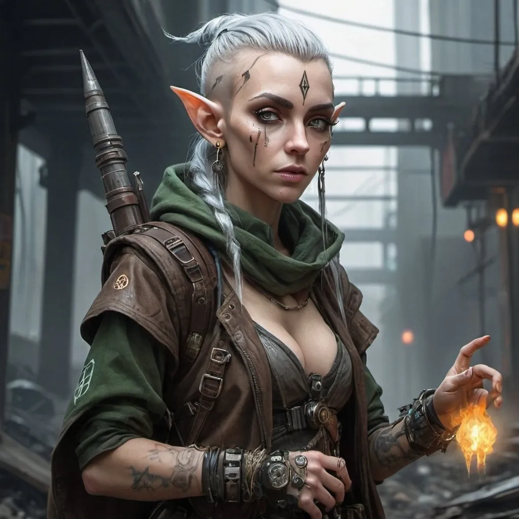 Prompt:  a postapocalyptic/cyberpunk wizard elf