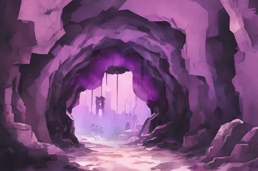 Prompt: Dystopian purple watercolor cave Entrance