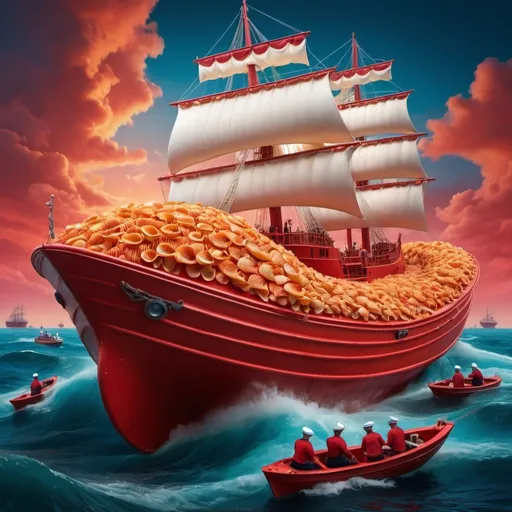 Prompt: Gigantic conchiglie pasta ship, sailors on conchiglie pasta, red marina sauce ocean, red water, hyper-realistic, vibrant colors, detailed textures, floating scene, high-quality rendering, surreal, whimsical, colorful lighting