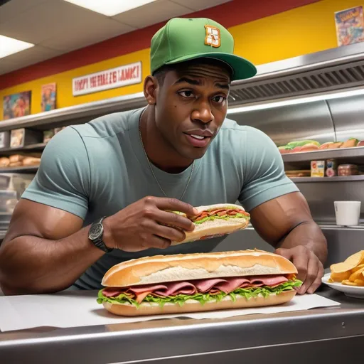 Prompt: Short stocky man in grey short sleeve button up shirt and green baseball cap, seated at a small table, eating a very large submarine sandwich, Herbert Block style cartoon, hyper-realistic, colorful, muscular black man behind counter making sandwiches, vibrant colors, detailed features, exaggerated expressions, comic book style, urban setting, high quality, hyper-realism, cartoon, colorful, detailed expressions, professional lighting