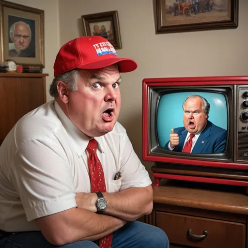 Prompt: Middle-aged white male in red MAGA hat, watching 1970s cabinet style TV, rush Limbaugh on screen, angry faces, hyper-realistic, Herbert Block style, colorful, deranged expression, overweight, bald, detailed, cartoon, garbage funnel, intense emotions, political satire, high quality, hyper-realism, angry expressions, vintage TV, bold colors, detailed facial features, intense lighting, exaggerated expressions