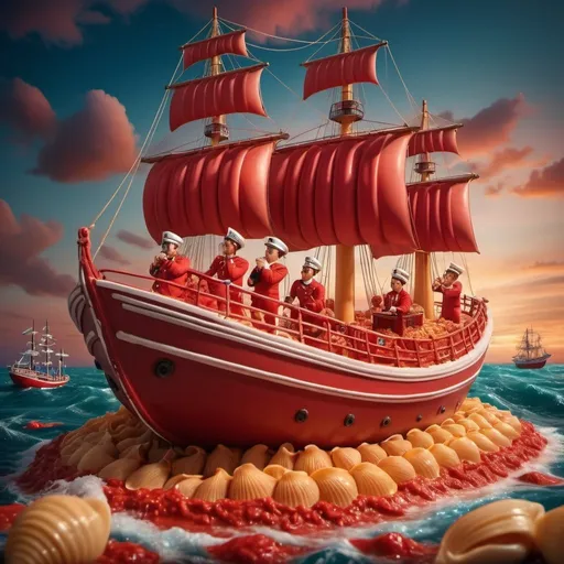 Prompt: Gigantic conchiglie pasta ship, sailors on conchiglie pasta, red marina sauce ocean, red water, hyper-realistic, vibrant colors, detailed textures, floating scene, high-quality rendering, surreal, whimsical, colorful lighting