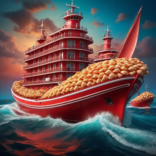 Prompt: Gigantic conchiglie pasta ship, sailors on conchiglie pasta, red marina sauce ocean, red water, hyper-realistic, vibrant colors, detailed textures, floating scene, high-quality rendering, surreal, whimsical, colorful lighting