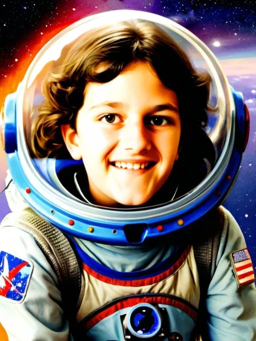Prompt: 11-year-old girl roller skating in a space suit, NASA logo, hyper-realistic, Herbert Block style cartoon, colorful, comedic, solar system in the background, comet trail, space setting, vibrant and playful, high quality, hyperrealism, space art, humorous, detailed space suit, roller skates, vibrant colors, comedic atmosphere, solar system, comet trail