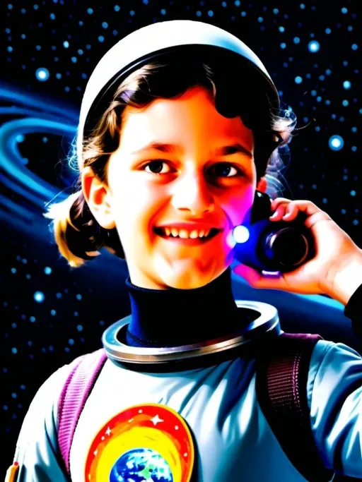 Prompt: 11-year-old girl roller skating in a space suit, hyper-realistic, full body view, Herbert Block style cartoon, colorful, comedic, solar system in the background, comet trail, space setting, vibrant and playful, high quality, hyperrealism, space art, humorous, detailed space suit, roller skates, vibrant colors, comedic atmosphere, solar system, comet trail