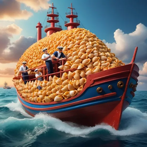 Prompt: Gigantic conchiglie pasta ship, sailors on conchiglie pasta, marina sauce ocean, hyper-realistic, vibrant colors, detailed textures, floating scene, high-quality rendering, surreal, whimsical, colorful lighting