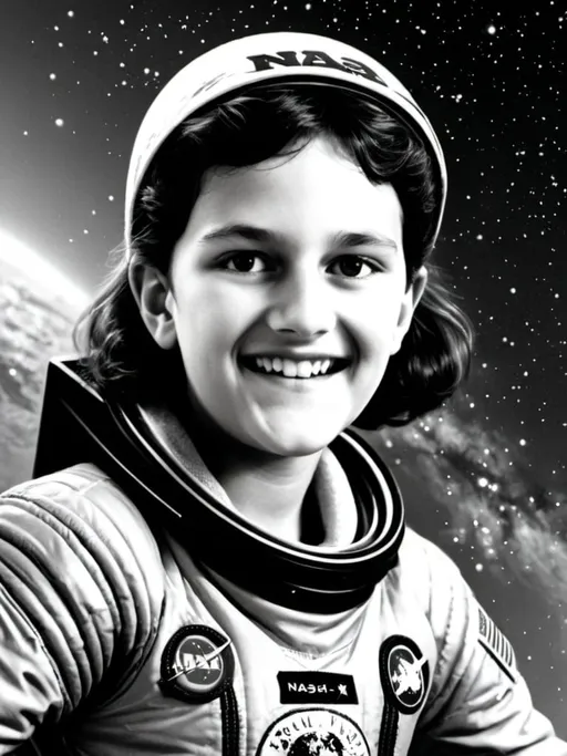 Prompt: 11-year-old girl roller skating in a space suit, NASA logo, hyper-realistic, Herbert Block style cartoon, colorful, comedic, solar system in the background, comet trail, space setting, vibrant and playful, high quality, hyperrealism, space art, humorous, detailed space suit, roller skates, vibrant colors, comedic atmosphere, solar system, comet trail