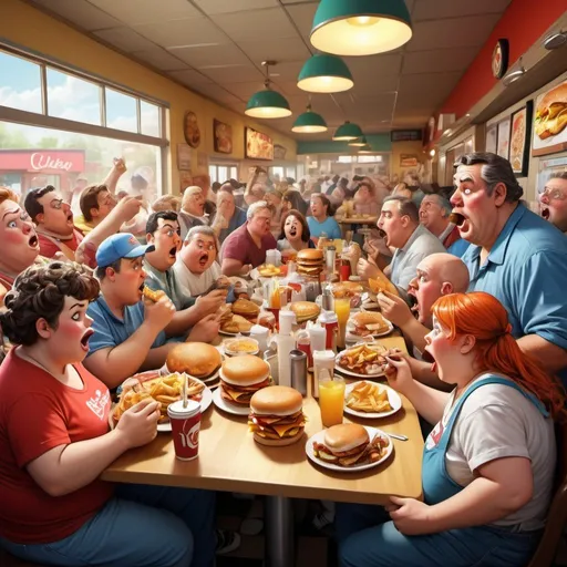 Prompt: Fast food breakfast country style restaurant, overweight customers, fast eating, gluttony, Herbert Block cartoon, hyper-realistic, messy, colorful, detailed characters, exaggerated facial expressions, chaotic atmosphere, vibrant colors, exaggerated proportions, comic, caricature, high quality, hyper-realism, cartoon style, bustling, chaotic lighting