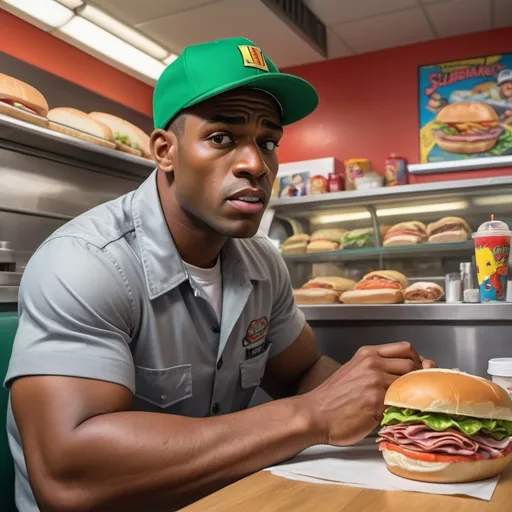 Prompt: Short stocky man in grey short sleeve button up shirt and green baseball cap, seated at a small table, eating a very large submarine sandwich, Herbert Block style cartoon, hyper-realistic, colorful, muscular black man behind counter making sandwiches, vibrant colors, detailed features, exaggerated expressions, comic book style, urban setting, high quality, hyper-realism, cartoon, colorful, detailed expressions, professional lighting