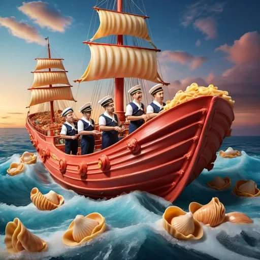 Prompt: Gigantic conchiglie pasta ship, sailors on conchiglie pasta, marina sauce ocean, hyper-realistic, vibrant colors, detailed textures, floating scene, high-quality rendering, surreal, whimsical, colorful lighting