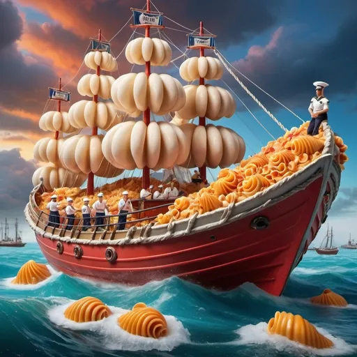 Prompt: Gigantic conchiglie pasta ship, sailors on conchiglie pasta, marina sauce ocean, hyper-realistic, vibrant colors, detailed textures, floating scene, high-quality rendering, surreal, whimsical, colorful lighting