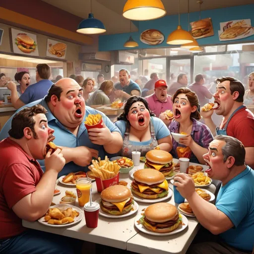 Prompt: Fast food breakfast country style restaurant, overweight customers, fast eating, gluttony, Herbert Block cartoon, hyper-realistic, messy, colorful, detailed characters, exaggerated facial expressions, chaotic atmosphere, vibrant colors, exaggerated proportions, comic, caricature, high quality, hyper-realism, cartoon style, bustling, chaotic lighting