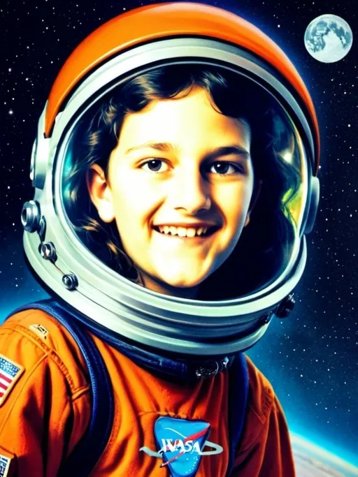 Prompt: 11-year-old girl roller skating in a space suit, NASA logo, hyper-realistic, Herbert Block style cartoon, colorful, comedic, solar system in the background, comet trail, space setting, vibrant and playful, high quality, hyperrealism, space art, humorous, detailed space suit, roller skates, vibrant colors, comedic atmosphere, solar system, comet trail