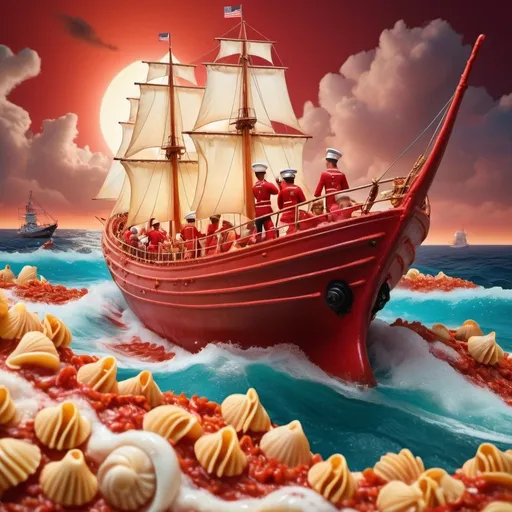 Prompt: Gigantic conchiglie pasta ship, sailors on conchiglie pasta, red marina sauce ocean, red water, hyper-realistic, vibrant colors, detailed textures, floating scene, high-quality rendering, surreal, whimsical, colorful lighting