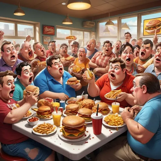 Prompt: Fast food breakfast country style restaurant, overweight customers, fast eating, gluttony, Herbert Block cartoon, hyper-realistic, messy, colorful, detailed characters, exaggerated facial expressions, chaotic atmosphere, vibrant colors, exaggerated proportions, comic, caricature, high quality, hyper-realism, cartoon style, bustling, chaotic lighting