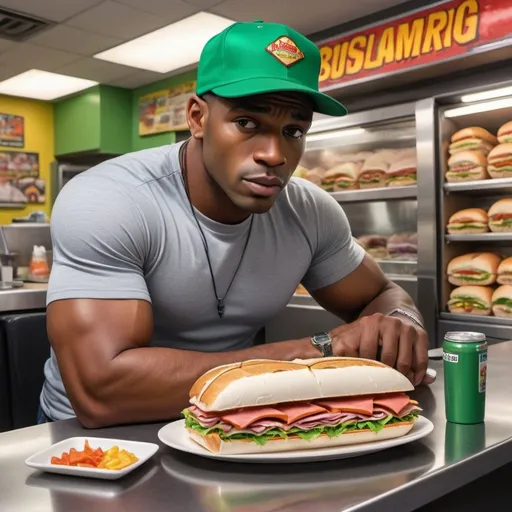 Prompt: Short stocky man in grey short sleeve button up shirt and green baseball cap, seated at a small table, eating a very large submarine sandwich, Herbert Block style cartoon, hyper-realistic, colorful, muscular black man behind counter making sandwiches, vibrant colors, detailed features, exaggerated expressions, comic book style, urban setting, high quality, hyper-realism, cartoon, colorful, detailed expressions, professional lighting