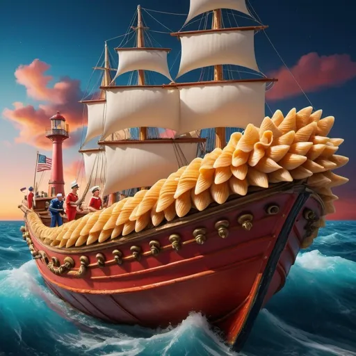 Prompt: Gigantic conchiglie pasta ship, sailors on conchiglie pasta, marina sauce ocean, hyper-realistic, vibrant colors, detailed textures, floating scene, high-quality rendering, surreal, whimsical, colorful lighting