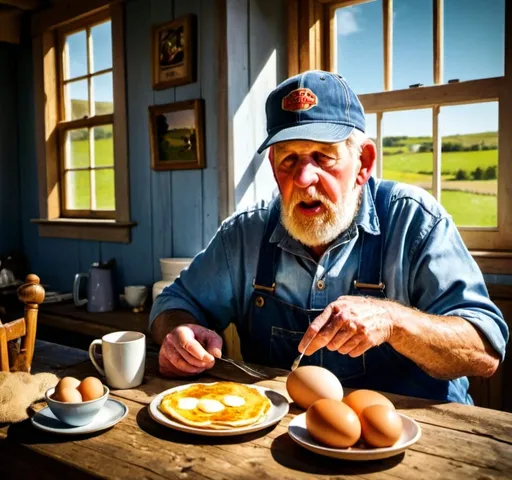 Prompt: Farmer in blue denim coveralls, sitting at farmhouse breakfast table, eggs and pancakes, morning light coming through window, tractor in background, herbert block style cartoon, hyper-realistic, warm natural lighting, rustic farmhouse, detailed clothing, traditional, homely, farm setting, cozy atmosphere, high quality, realistic, natural lighting, detailed clothing, rustic, homely, cozy atmosphere